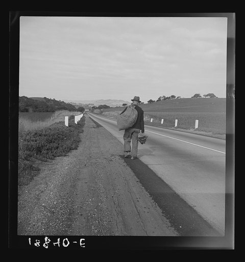 On U.S. 101 near San Luis Obispo, California. Itinerant worker. Not the old "Bindle-Stiff" type