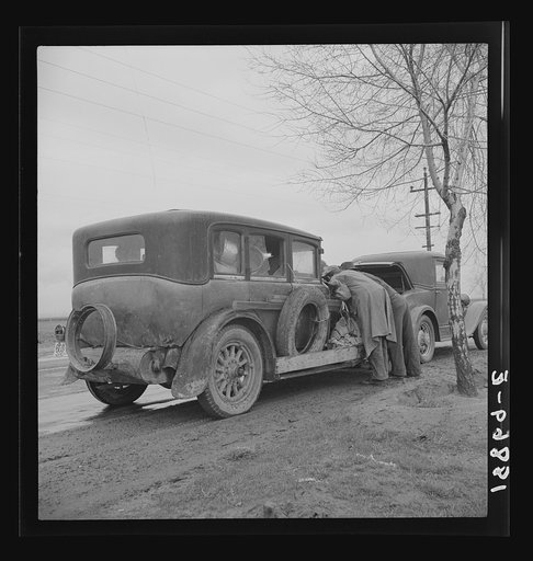 U.S. 99. Near Tulare, California. Entered California fall of 1938. En-route to pea harvest in Imperial Valley. Car broke-down. "Want to get back to Missouri if they can ever get the money."