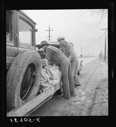 Entered California the fall of 1938. En-route to pea harvest in Imperial Valley. Car broke down. "Want to get back to Missouri if they ever get the money." U.S. 99. Tulare, California