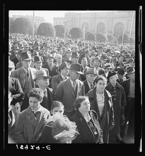 Untitled photo, possibly related to: Listening to speeches at mass meeting of Works Progress Administration (WPA) workers protesting congressional cut of relief appropriations. San Francisco, California