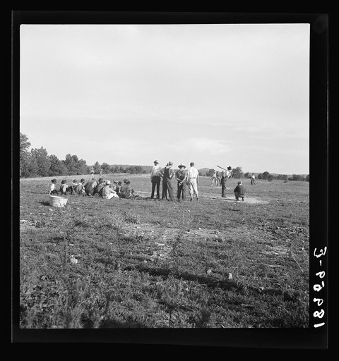 Near mountain home, northern Arkansas, on U.S. 62. Farmers' baseball game in the country. From this area many have gone to California to work in agriculture