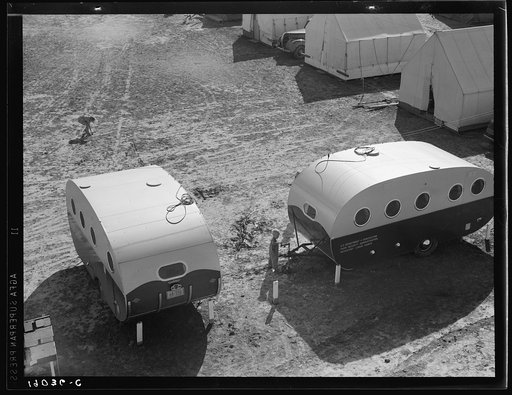 Farm Security Administration (FSA) migrant labor camp. Two trailers, one to be used by camp manager for living quarters and office, the other as a clinic and health center. Comprise part of the mobile camp unit. This unit will follow the workers from harvest to harvest, where emergency camps will be