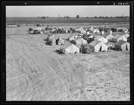 Farm Security Administration (FSA) migratory labor camp, 155 migrant families in camp. One-third had no work, two-thirds were finding part time work harvesting spring peas, earning on average (head of family) of four dollars twenty cents per week