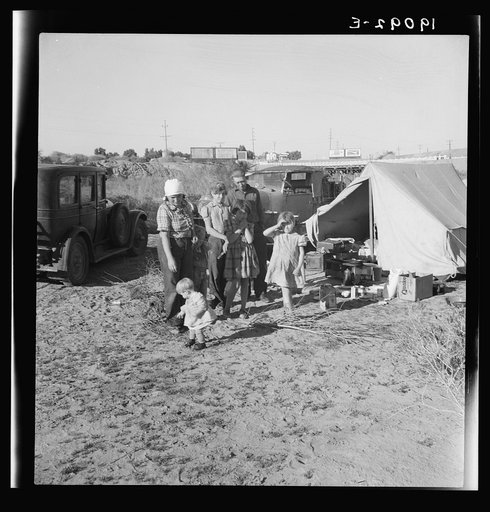 Untitled photo, possibly related to: Part of family arrived the night before from Rockwell, Texas. Picked their way across the country. Encamped on the river bottom. Near Holtville. Imperial Valley, California