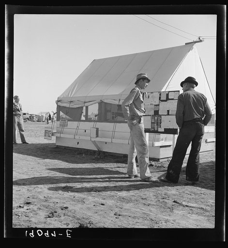 Untitled photo, possibly related to: Farm Security Administration (FSA) migratory labor camp (emergency). Migratory workers, in camp for the pea harvest, scan the bulletin board at entrance
