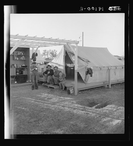 Pergola, cupboard, and tent platform are standard equipment of Farm Security Administration (FSA) migratory labor camp. Brawley, Imperial County, California