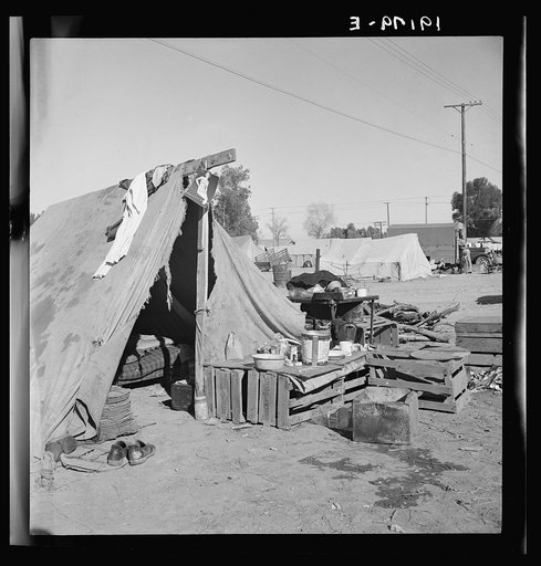 Near Holtville, Imperial Valley, California. Migratory labor housing during carrot harvest. This field owned by proprietor of ajoining grocery and general store who allows workers to camp here rent-free. Approximately sixty families were living in camp