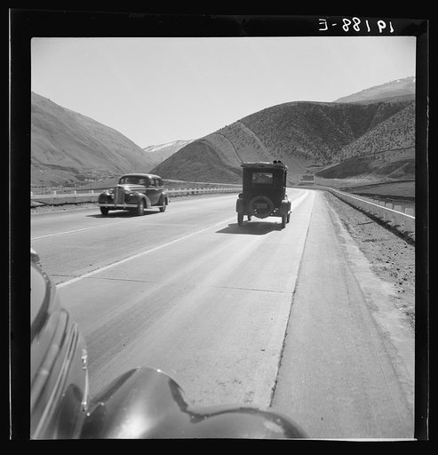 On U.S. 99. in Kern County on the Tehachapi Ridge. Migrants travel seasonally back and forth between Imperial Valley and the San Joaquin Valley over this ridge