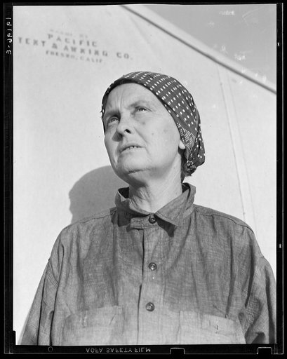 Calipatria, Imperial Valley. In FSA (Farm Security Administration) emergency migratory labor camp. Left Oklahoma December 11, 1937 with husband and two children and son-in-law. Ex-tenant farmers on third and fourths in cotton. Had fifty dollars when set out. Went to Phoenix, picked cotton and pulled