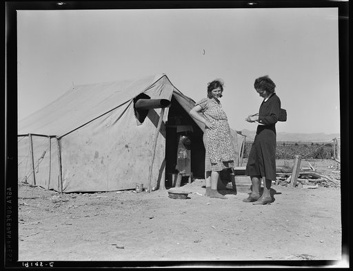 Near Calipatria, Imperial Valley, California. In grower's camp for migrant labor on the edge of the pea fields. Public health nurse interviews and advises prospective mother, aged seventeen, before arrival of first baby. Husband, aged twenty-three, is out picking. Made seventy-three cents this morni