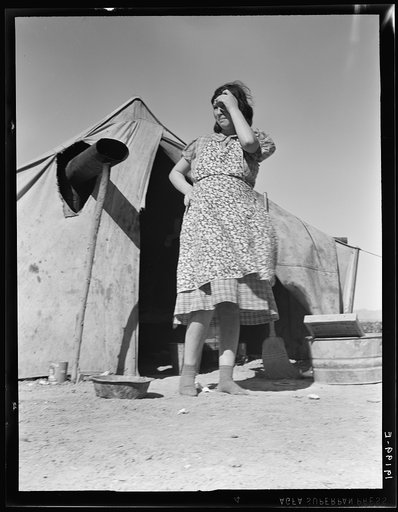 Untitled photo, possibly related to: Near Calipatria, Imperial Valley, California. In grower's camp for migrant labor on the edge of the pea fields. Public health nurse interviews and advises prospective mother, aged seventeen, before arrival of first baby. Husband, aged twenty-three, is out picking