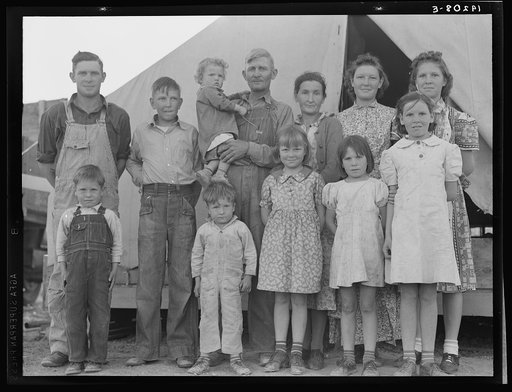 Brawley, Imperial Valley. In Farm Security Administration (FSA) migratory labor camp. Family father, mother and eleven children originally from Mangrum, Oklahoma. See 19201