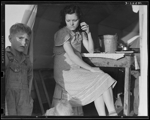 Calipatria, Imperial Valley, In Farm Security Administration (FSA) emergency migratory labor camp. Daughter of ex-tenant farmers on thirds and fourths in cotton. Had fifty dollars when set out. Went to Phoenix, picked cotton, pulled bolls made eighty cents a day with two people pulling bolls. Stayed