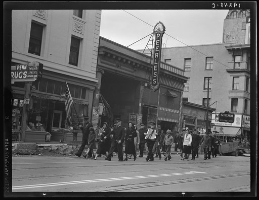 Salvation Army, San Francisco, California. Returning to headquarters; no recruits to audience from street