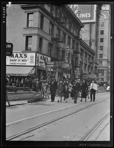 Salvation Army, San Francisco, California. Returning to headquarters. No recruits to audience from street