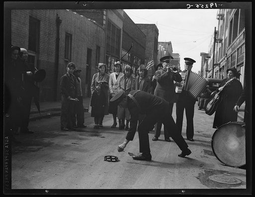 Salvation Army, San Francisco, California. Army contributes first to the tambourine (two dollars), outside contribution about seventy-five cents, all from drunks and the like