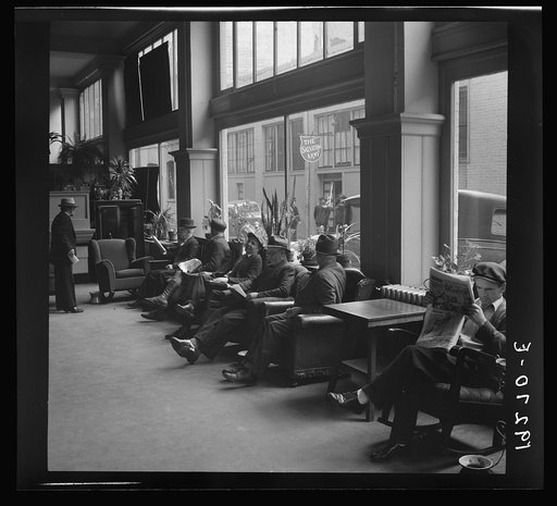 Salvation Army, San Francisco, California. Return of the army seen through the lobby of a low-class hotel. Causes slight attention