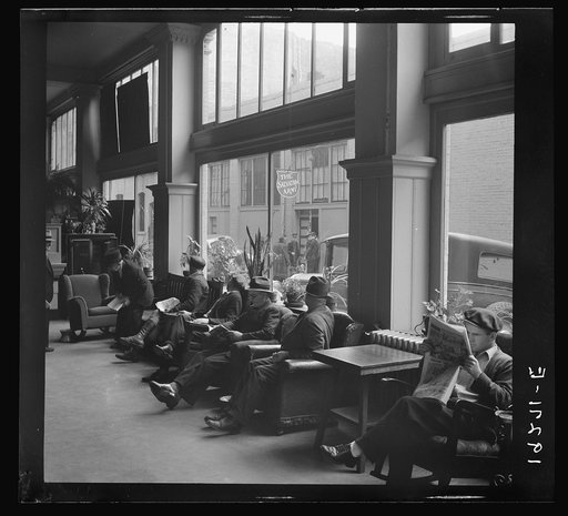 Salvation Army, San Francisco, California. Return of the army seen through the lobby of a low-class hotel. Causes slight attention