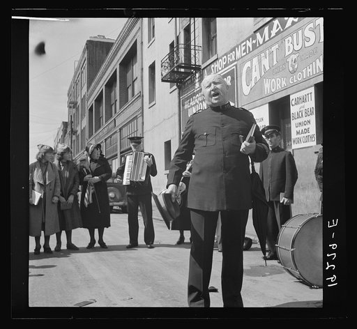 "Power of the Lord" preaching by a "soldier" saved twelve years before, and with army ever since. Salvation Army, San Francisco, California