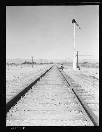 Looking east down the railroad track, near Calipatria, California. Single men, itinerants with "bindles" waiting for the freight