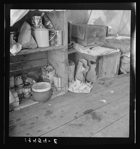 Tent interior in a pea pickers' camp. Food supply and household equipment.  Santa Clara County, California