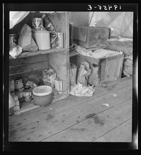 Untitled photo, possibly related to: Tent interior in a pea pickers' camp. Food supply and household equipment. Santa Clara County, California