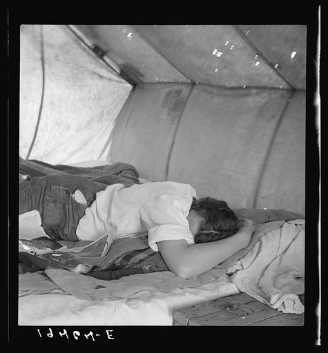 Inside a pea picker's tent in the middle of the morning. No work. Santa Clara County, California