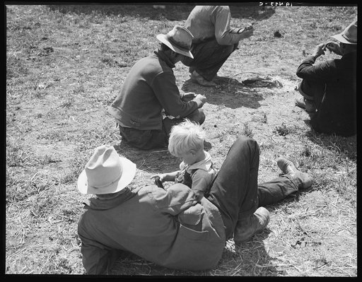 Idle migrants. Foothills north of San Jose, California. "If the sun shines tomorrow and nothin' happens, we'll pick."