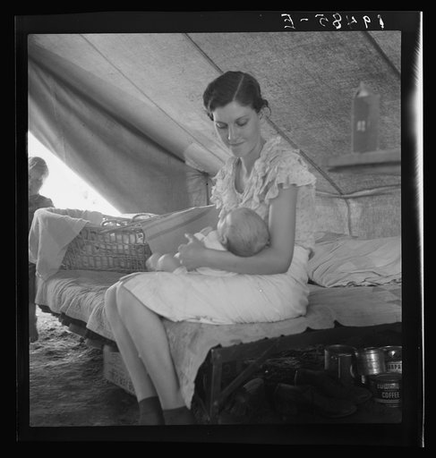 Young migrant mother with six weeks old baby born in a hospital with aid of Farm Security Administration (FSA) medical and association for migratory workers. She lives in a labor contractors camp near Westley, California. "I try to keep him eatin' and sleepin' regular like I got him out of the hospi