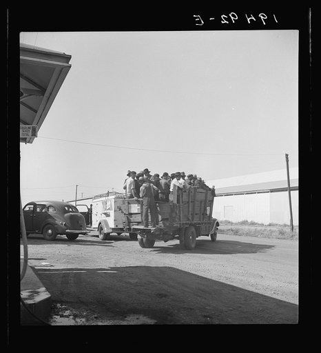Labor contractor's truck with gang of pea pickers, pulled up for gas. Near Westley, California