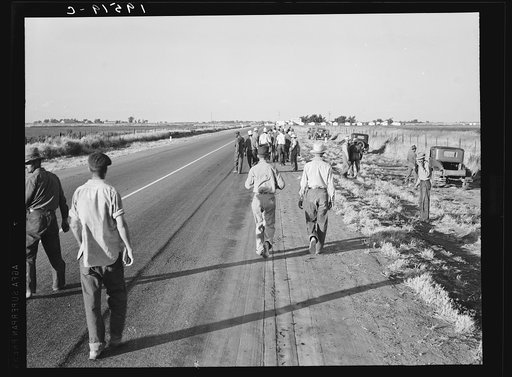 Near Los Banos, California. Migratory agricultural workers. Cotton hoers.  Leave the field at the end of the day. Wages twenty cents an hour
