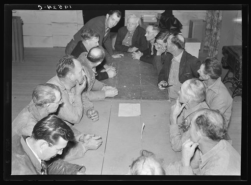 Farm Security Administration (FSA) camp for migratory agriculture workers. Farmersville, California. Meeting of camp council