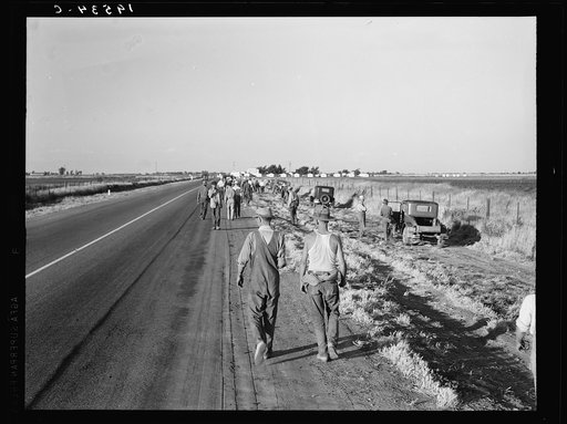 Untitled photo, possibly related to: Near Los Banos, California. Migratory agricultural workers. Cotton hoers. Leave the field at the end of the day. Wages twenty cents an hour