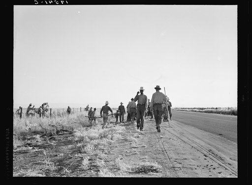Untitled photo, possibly related to: Near Los Banos, California. Migratory agricultural workers. Cotton hoers. Leave the field at the end of the day. Wages twenty cents an hour