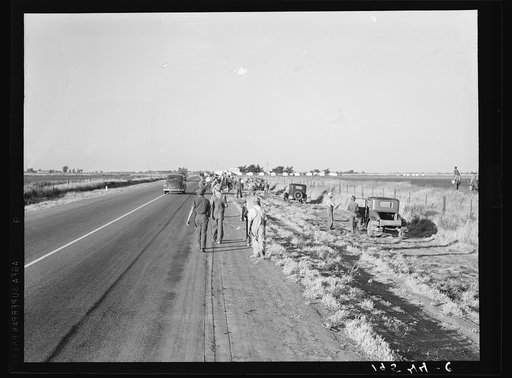 Untitled photo, possibly related to: Near Los Banos, California. Migratory agricultural workers. Cotton hoers. Leave the field at the end of the day. Wages twenty cents an hour