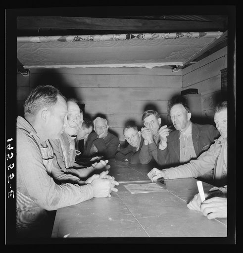 Farm Security Administration (FSA) camp for migratory agricultural workers. Farmersville, California. Meeting of the camp council