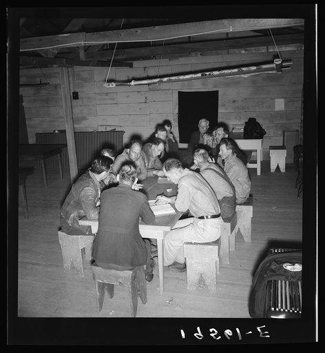 Farm Security Administration (FSA) camp for migratory agricultural workers. Farmersville, California. Meeting of the camp council