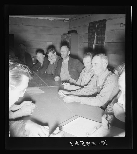 Untitled photo, possibly related to: Farm Security Administration (FSA) camp for migratory agricultural workers. Farmersville, California. Meeting of the camp council