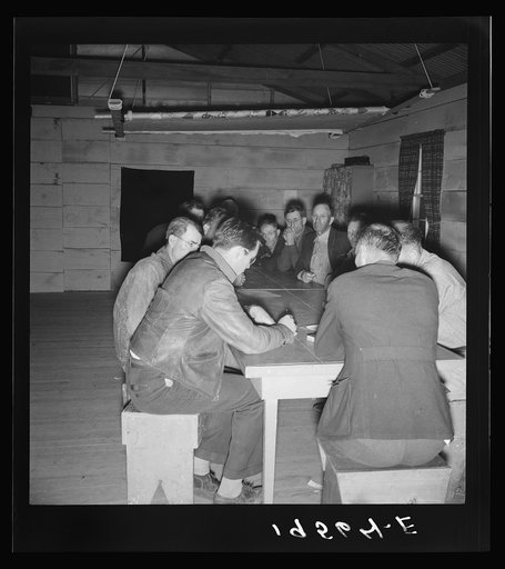 Untitled photo, possibly related to: Farm Security Administration (FSA) camp for migratory agricultural workers. Farmersville, California. Meeting of the camp council