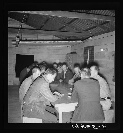 Untitled photo, possibly related to: Farm Security Administration (FSA) camp for migratory agricultural workers. Farmersville, California. Meeting of the camp council