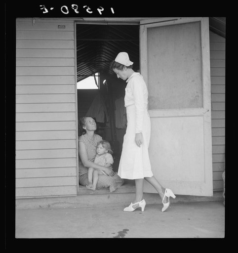Untitled photo, possibly related to: Farm Security Administration camp (FSA). Farmersville, Tulare County. Shows resident nurse come to visit family where there is sick baby
