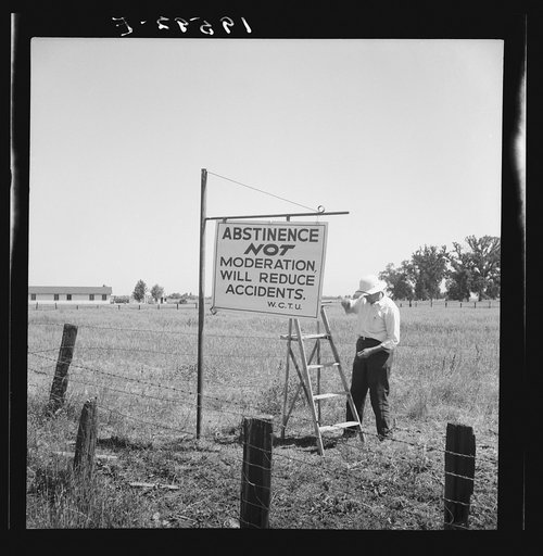 Untitled photo, possibly related to: Near Hanford, California. See general caption. On U.S. 99. A member of the committee from adjoining town erects sign on the highway