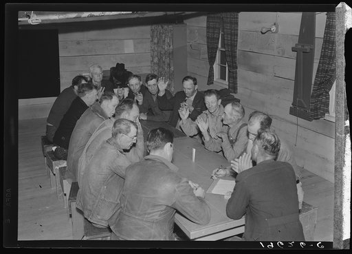 Farm Security Administration (FSA) camp for migratory agricultural workers. Farmersville, California. Meeting of camp council