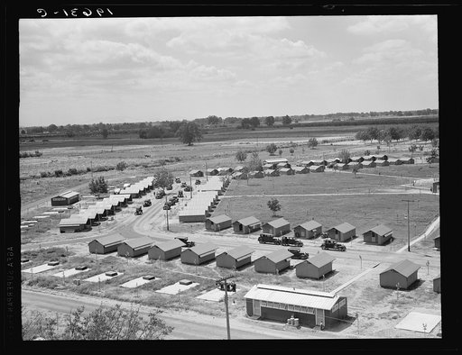 Same as 19635. General view of one end of camp showing three units of the camp, each with its sanitary building. Farmersville, Tulare County, California