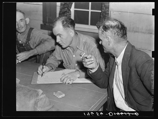 Untitled photo, possibly related to: Farm Security Administration (FSA) camp for migratory agricultural workers. Farmersville, California. Meeting of the camp council
