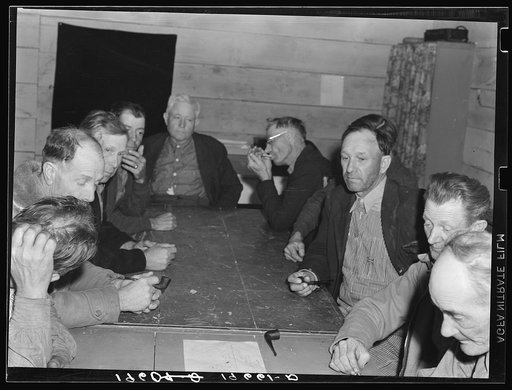 Untitled photo, possibly related to: Farm Security Administration (FSA) camp for migratory agricultural workers. Farmersville, California. Meeting of the camp council