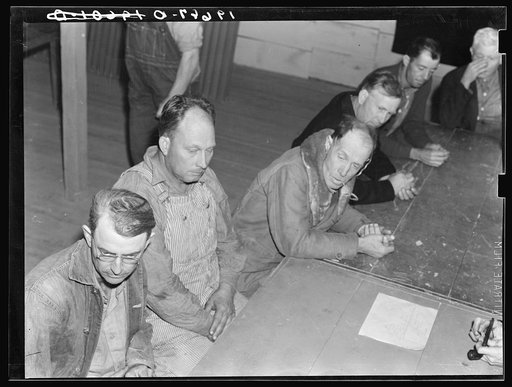Untitled photo, possibly related to: Farm Security Administration (FSA) camp for migratory agricultural workers. Farmersville, California. Meeting of the camp council