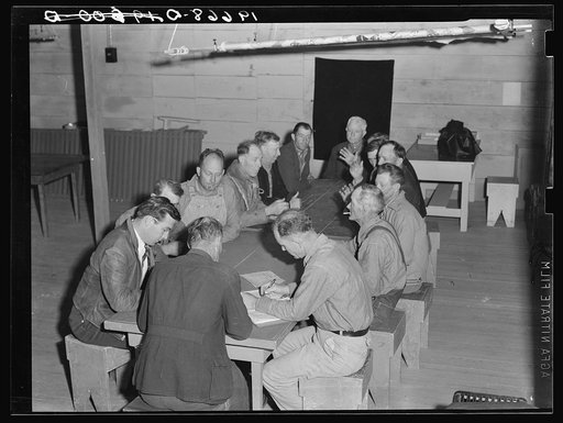 Untitled photo, possibly related to: Farm Security Administration (FSA) camp for migratory agricultural workers. Farmersville, California. Meeting of the camp council