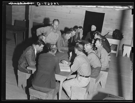 Untitled photo, possibly related to: Farm Security Administration (FSA) camp for migratory agricultural workers. Farmersville, California. Meeting of the camp council