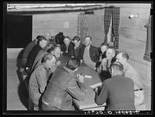 Farm Security Administration (FSA) camp for migratory agricultural workers. Farmersville, California. Meeting of the camp council